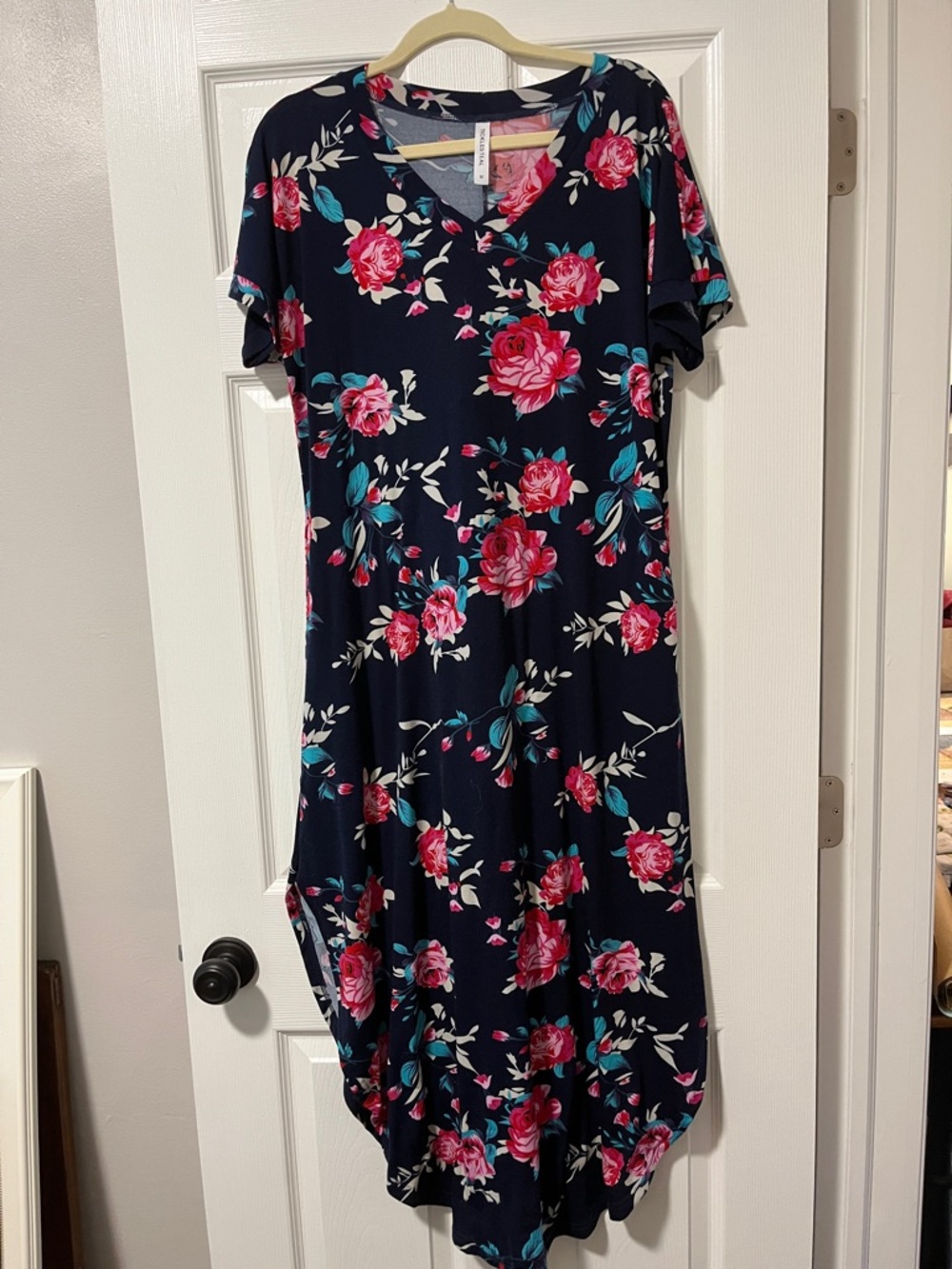 Tickled Teal Navy Midi Dress with Pink Rose Print